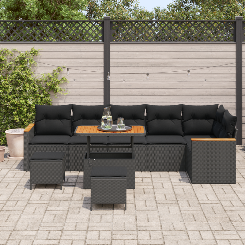 9 Piece Garden Sofa Set with Cushions Black Poly Rattan Acacia