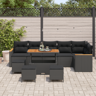 10 Piece Garden Sofa Set with Cushions Black Poly Rattan Acacia