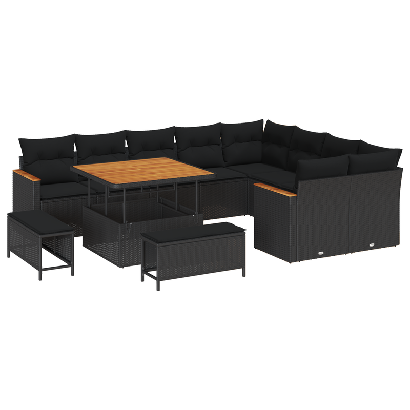12 Piece Garden Sofa Set with Cushions Black Poly Rattan Acacia