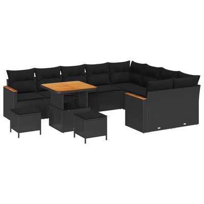 12 Piece Garden Sofa Set with Cushions Black Poly Rattan Acacia