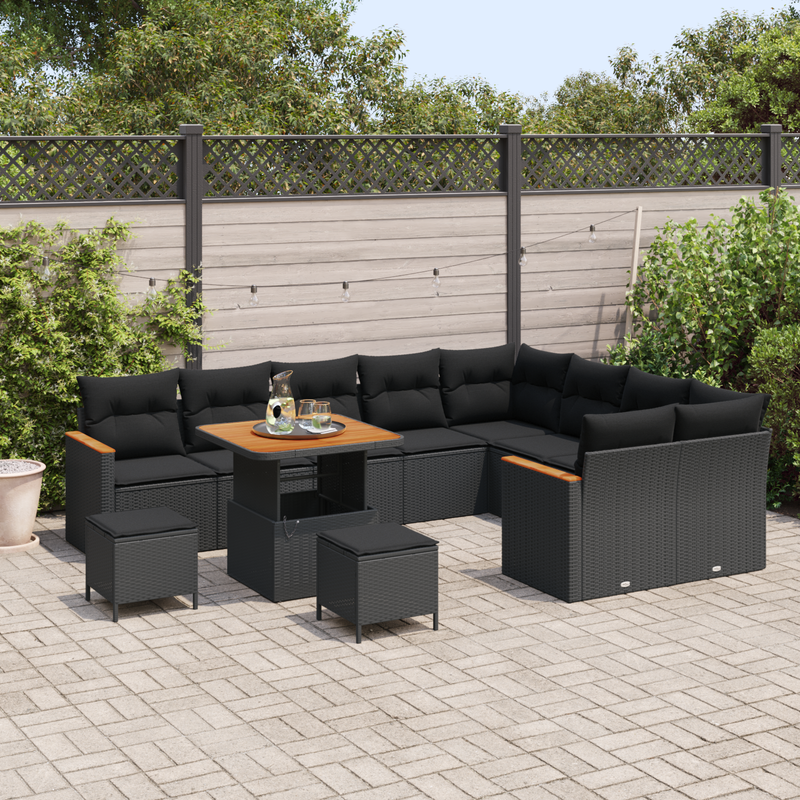 12 Piece Garden Sofa Set with Cushions Black Poly Rattan Acacia