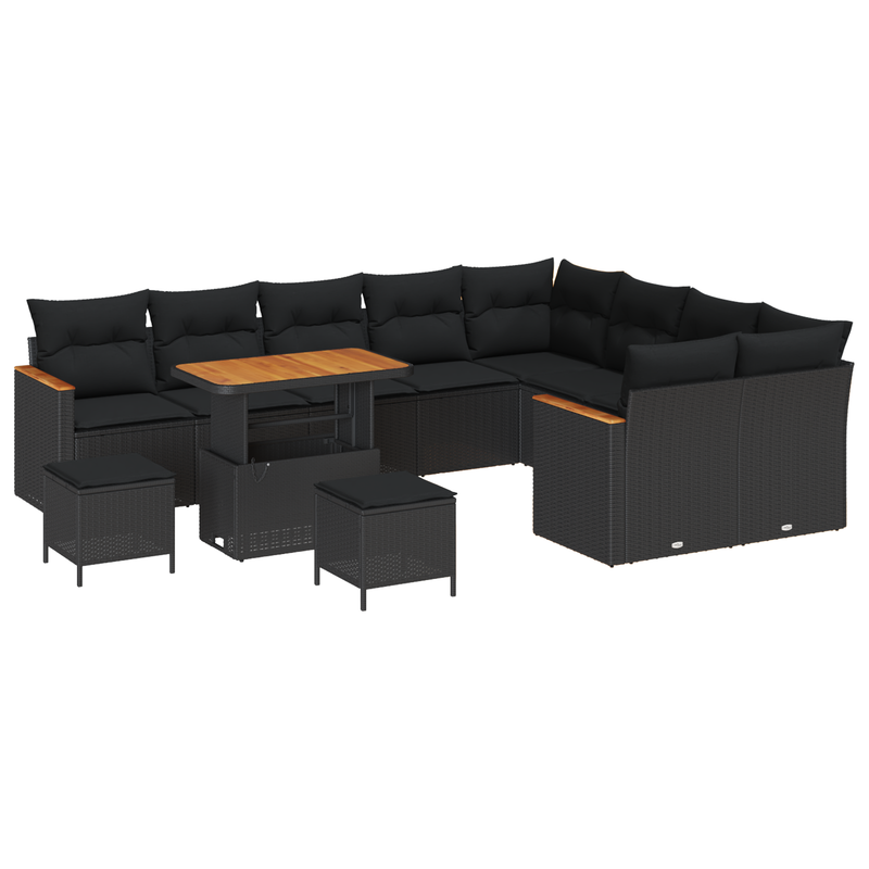 12 Piece Garden Sofa Set with Cushions Black Poly Rattan Acacia