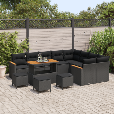 13 Piece Garden Sofa Set with Cushions Black Poly Rattan Acacia