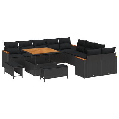 13 Piece Garden Sofa Set with Cushions Black Poly Rattan Acacia