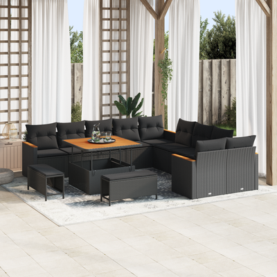 13 Piece Garden Sofa Set with Cushions Black Poly Rattan Acacia