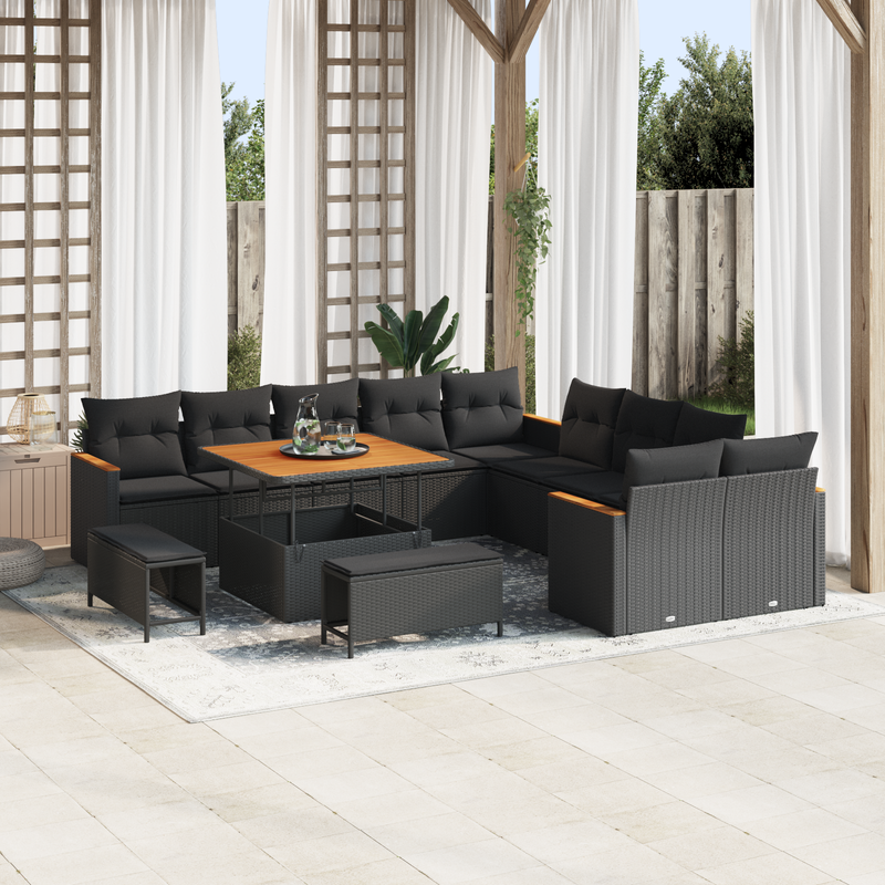 13 Piece Garden Sofa Set with Cushions Black Poly Rattan Acacia