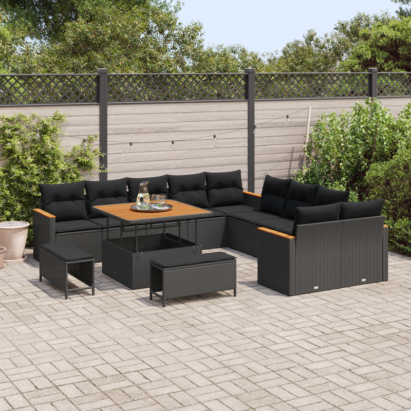 13 Piece Garden Sofa Set with Cushions Black Poly Rattan Acacia