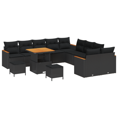 13 Piece Garden Sofa Set with Cushions Black Poly Rattan Acacia