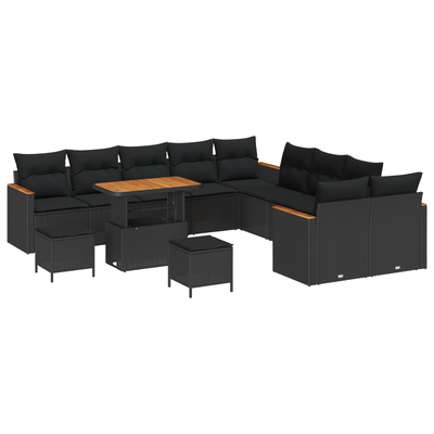 13 Piece Garden Sofa Set with Cushions Black Poly Rattan Acacia