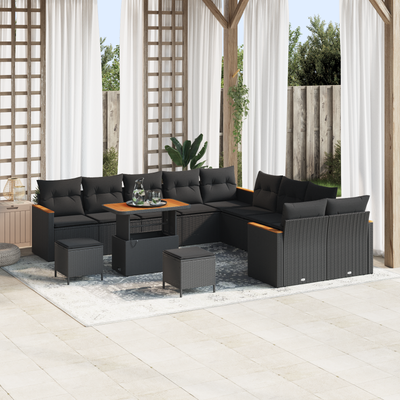 13 Piece Garden Sofa Set with Cushions Black Poly Rattan Acacia