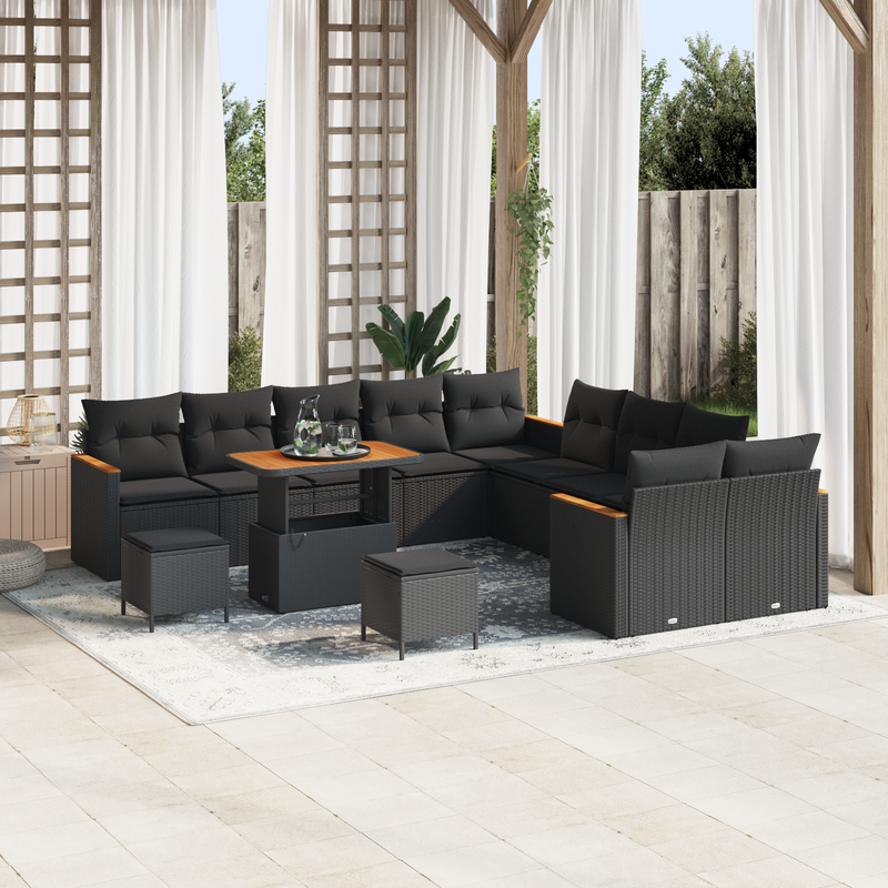 13 Piece Garden Sofa Set with Cushions Black Poly Rattan Acacia