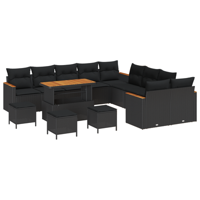 14 Piece Garden Sofa Set with Cushions Black Poly Rattan Acacia