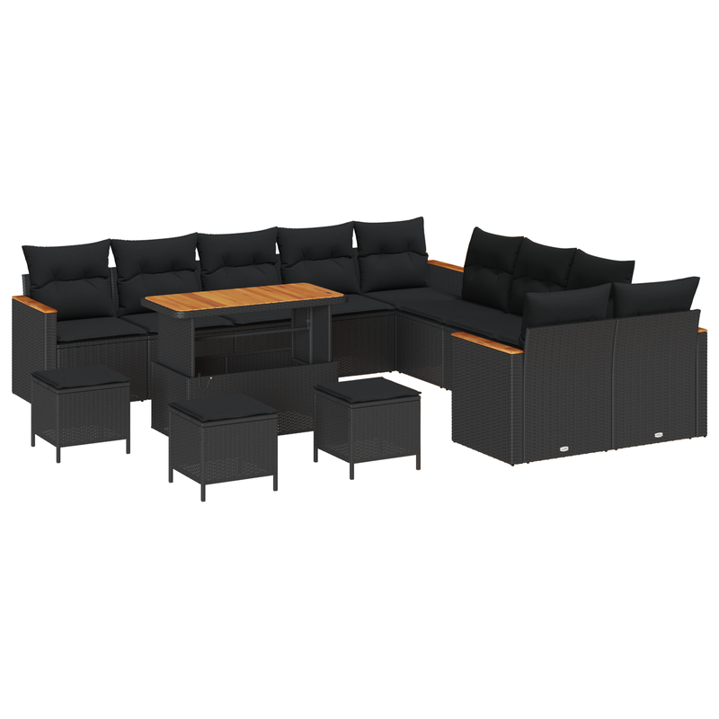 14 Piece Garden Sofa Set with Cushions Black Poly Rattan Acacia
