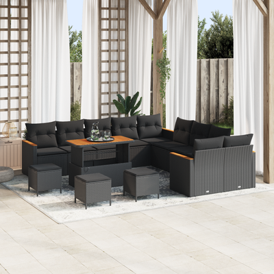 14 Piece Garden Sofa Set with Cushions Black Poly Rattan Acacia