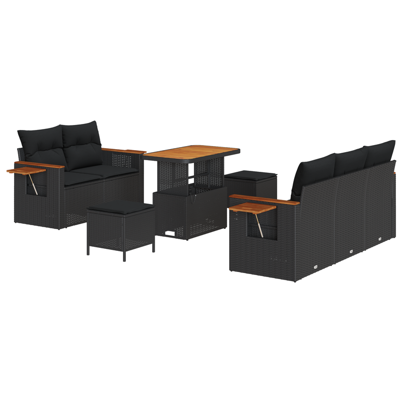 8 Piece Garden Sofa Set with Cushions Black Poly Rattan Acacia