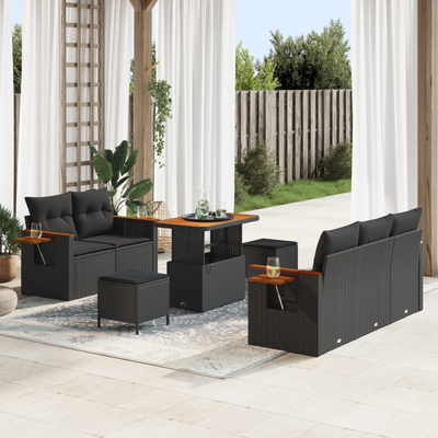 8 Piece Garden Sofa Set with Cushions Black Poly Rattan Acacia