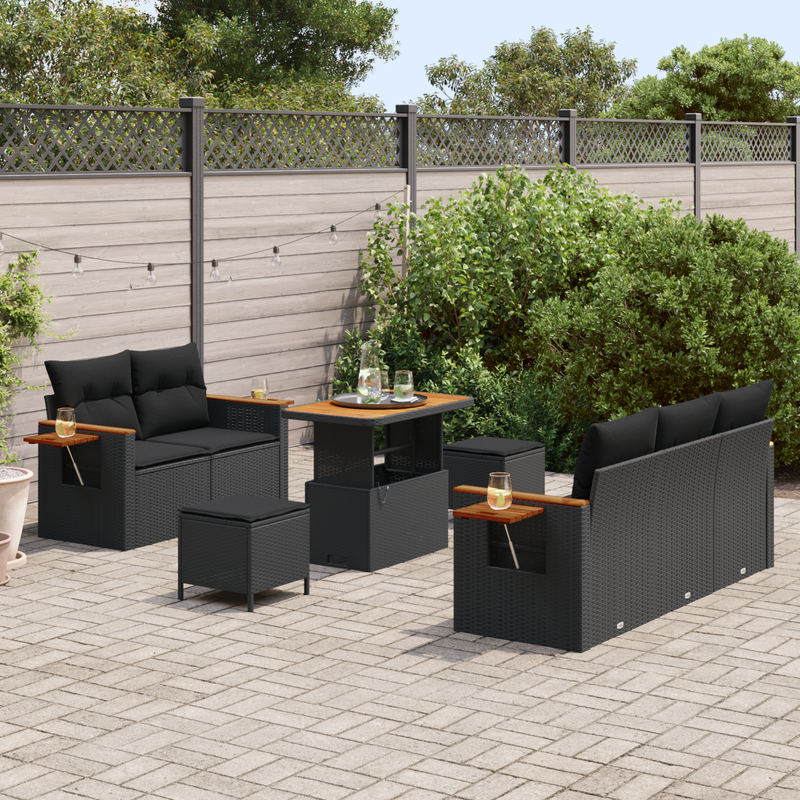 8 Piece Garden Sofa Set with Cushions Black Poly Rattan Acacia