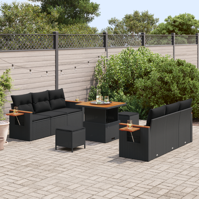 9 Piece Garden Sofa Set with Cushions Black Poly Rattan Acacia