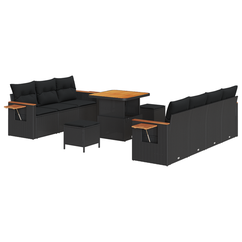 10 Piece Garden Sofa Set with Cushions Black Poly Rattan Acacia