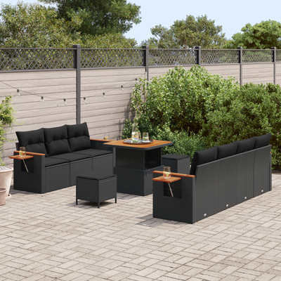 10 Piece Garden Sofa Set with Cushions Black Poly Rattan Acacia