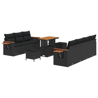10 Piece Garden Sofa Set with Cushions Black Poly Rattan Acacia