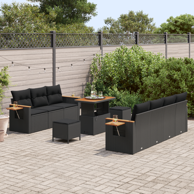 10 Piece Garden Sofa Set with Cushions Black Poly Rattan Acacia