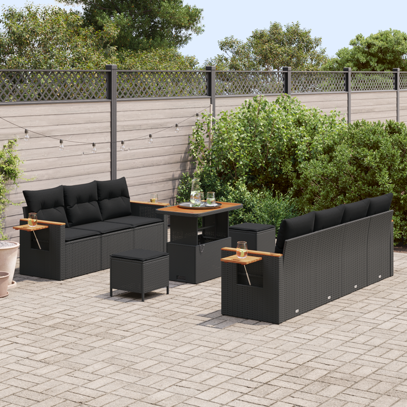 10 Piece Garden Sofa Set with Cushions Black Poly Rattan Acacia