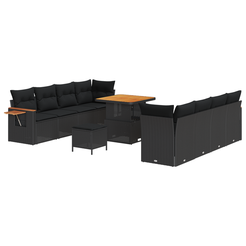 11 Piece Garden Sofa Set with Cushions Black Poly Rattan Acacia