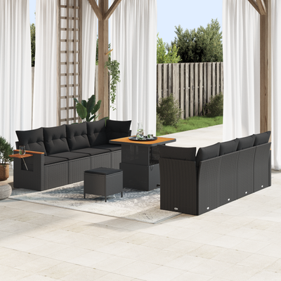 11 Piece Garden Sofa Set with Cushions Black Poly Rattan Acacia