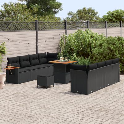 11 Piece Garden Sofa Set with Cushions Black Poly Rattan Acacia