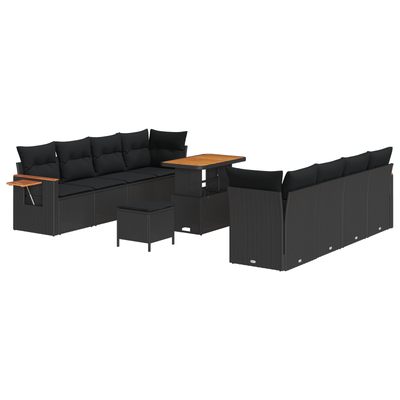 11 Piece Garden Sofa Set with Cushions Black Poly Rattan Acacia