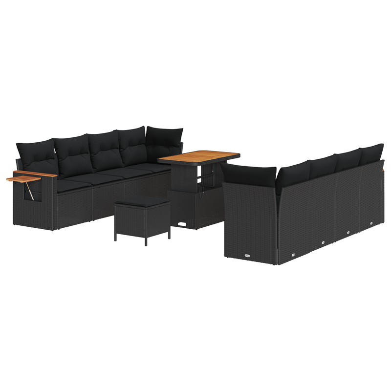 11 Piece Garden Sofa Set with Cushions Black Poly Rattan Acacia