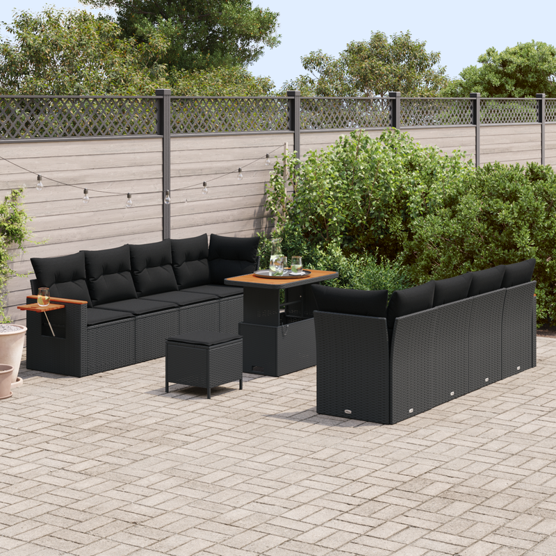 11 Piece Garden Sofa Set with Cushions Black Poly Rattan Acacia