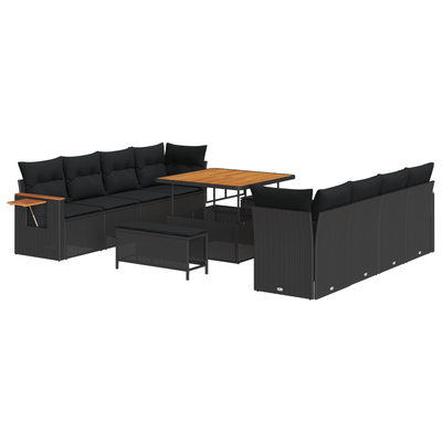 11 Piece Garden Sofa Set with Cushions Black Poly Rattan Acacia