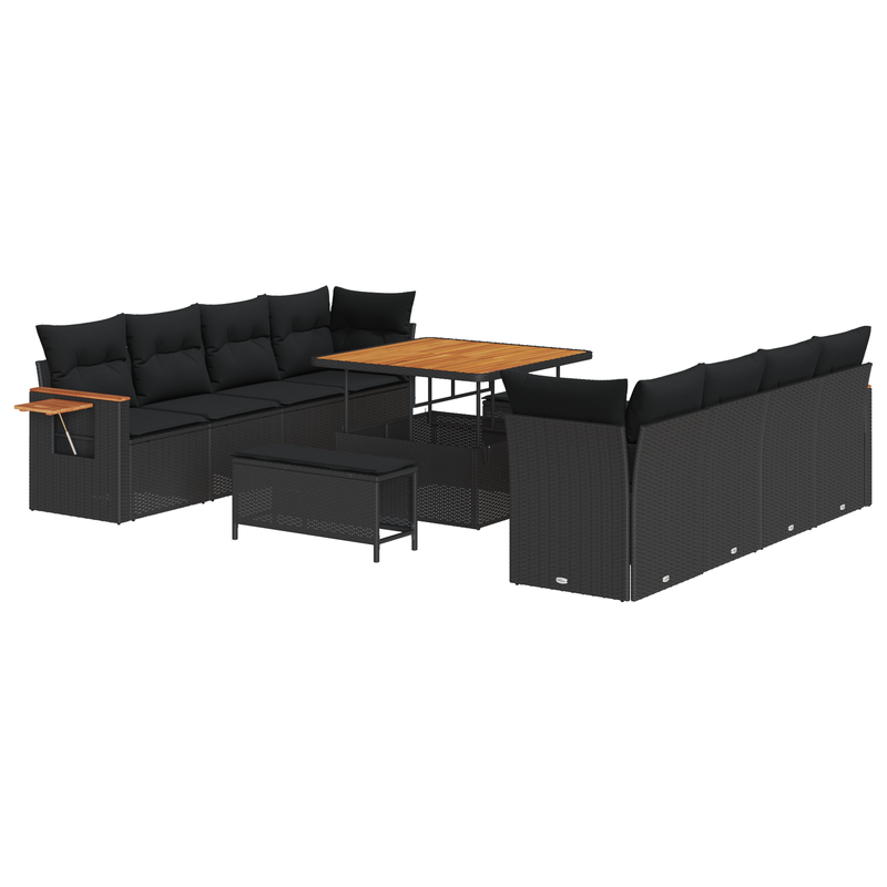 11 Piece Garden Sofa Set with Cushions Black Poly Rattan Acacia
