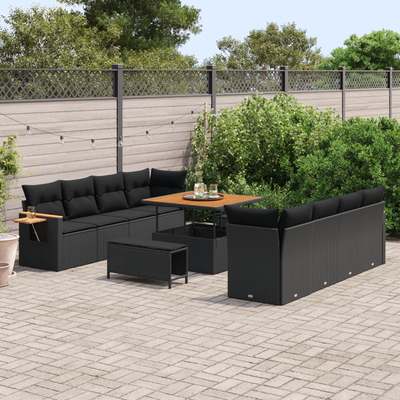 11 Piece Garden Sofa Set with Cushions Black Poly Rattan Acacia