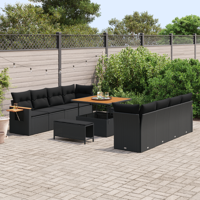 11 Piece Garden Sofa Set with Cushions Black Poly Rattan Acacia