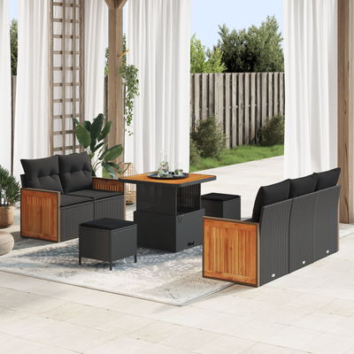 8 Piece Garden Sofa Set with Cushions Black Poly Rattan Acacia