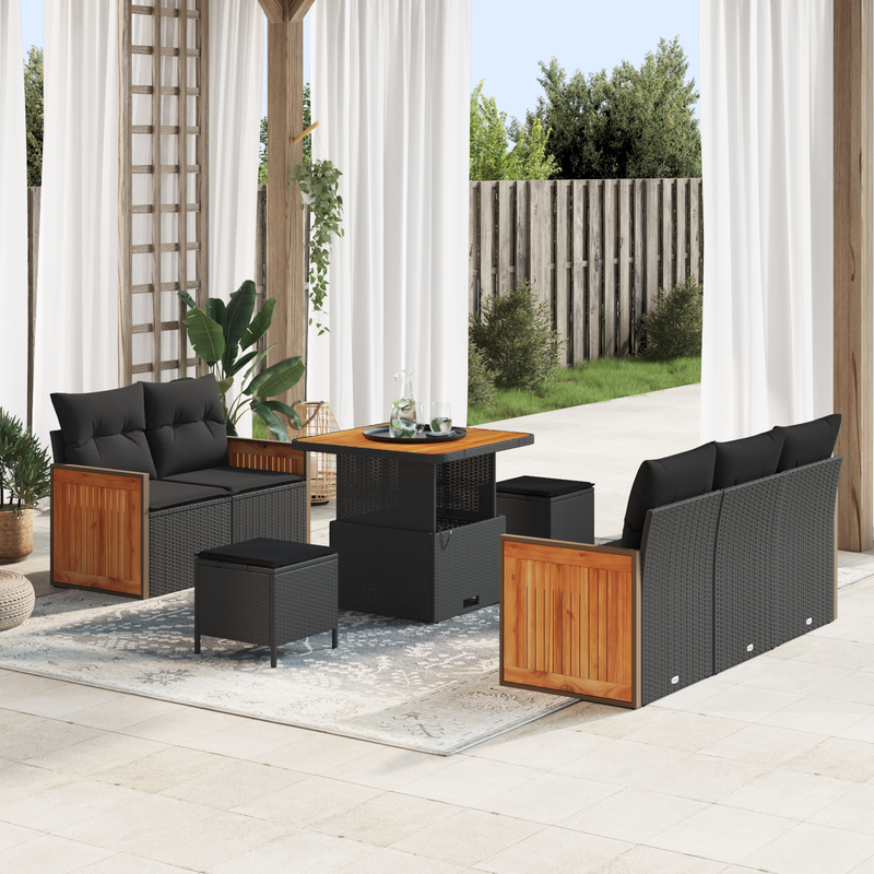 8 Piece Garden Sofa Set with Cushions Black Poly Rattan Acacia