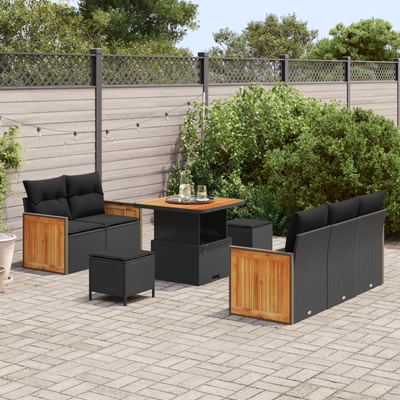 8 Piece Garden Sofa Set with Cushions Black Poly Rattan Acacia