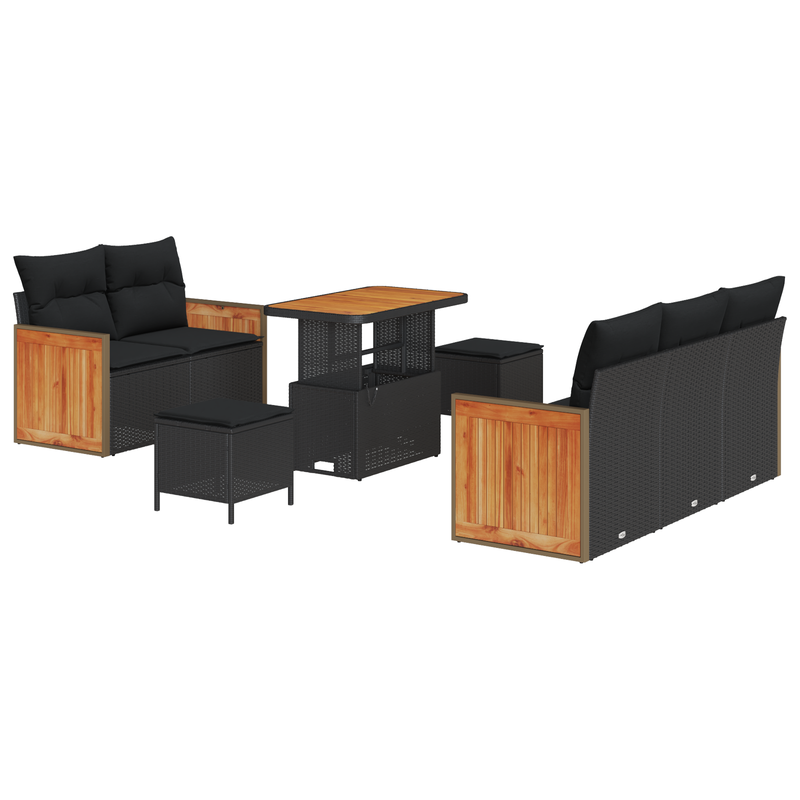 8 Piece Garden Sofa Set with Cushions Black Poly Rattan Acacia