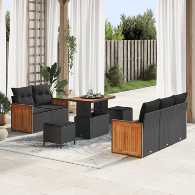 8 Piece Garden Sofa Set with Cushions Black Poly Rattan Acacia