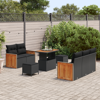 8 Piece Garden Sofa Set with Cushions Black Poly Rattan Acacia
