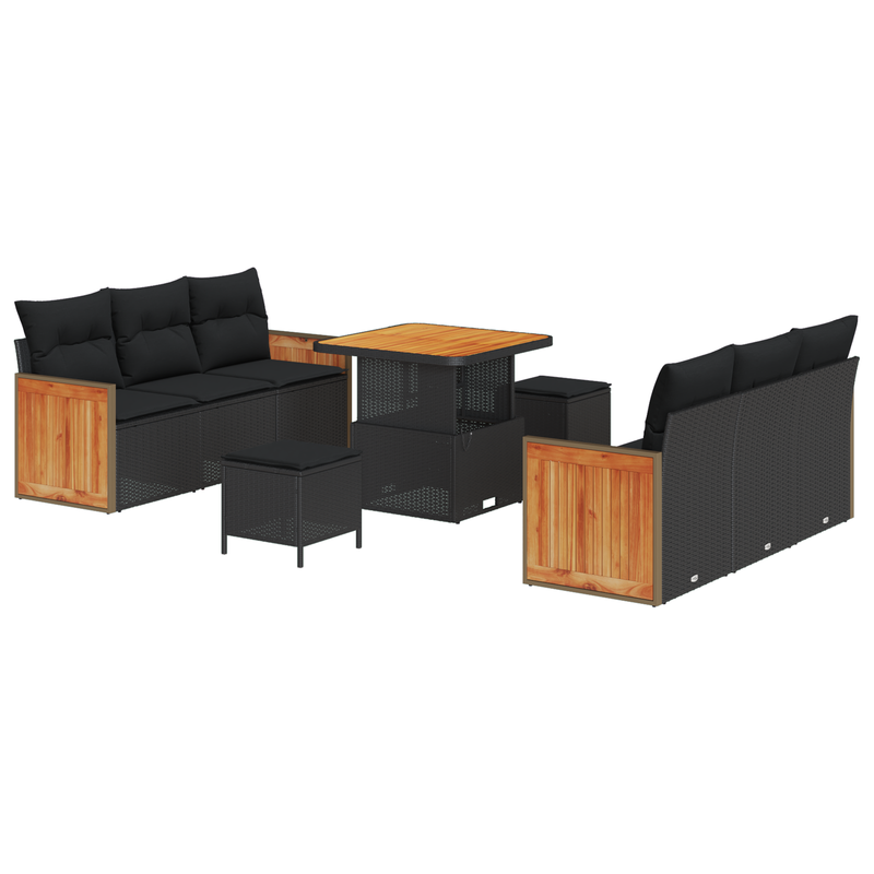 9 Piece Garden Sofa Set with Cushions Black Poly Rattan Acacia