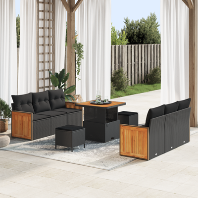 9 Piece Garden Sofa Set with Cushions Black Poly Rattan Acacia
