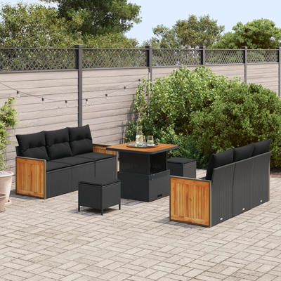 9 Piece Garden Sofa Set with Cushions Black Poly Rattan Acacia