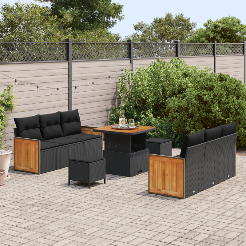 9 Piece Garden Sofa Set with Cushions Black Poly Rattan Acacia