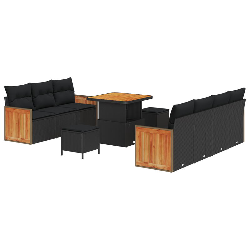 10 Piece Garden Sofa Set with Cushions Black Poly Rattan Acacia