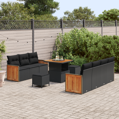 10 Piece Garden Sofa Set with Cushions Black Poly Rattan Acacia