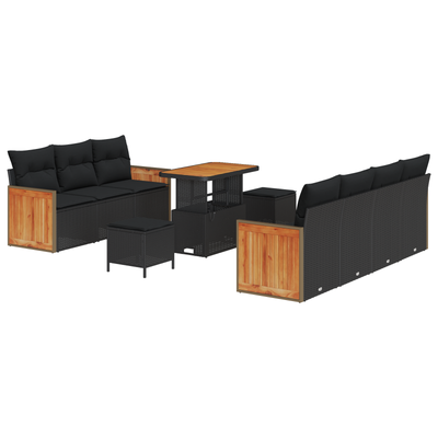 10 Piece Garden Sofa Set with Cushions Black Poly Rattan Acacia